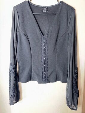Madi Mase Black Gothic Hook Front Sheer Sleeve Appliqué Detail Blouse Top XL